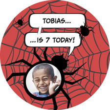 Happy birthday spider web superhero comic speech bubble for boys photo upload Sponge Cake Topper