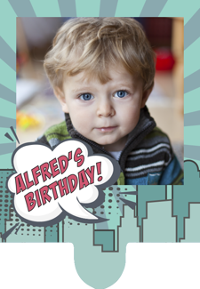 Happy birthday city skyline comic speech bubble photo upload Retro Cupcake Topper
