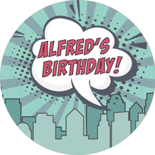 Happy birthday city skyline comic speech bubble custom text Wafer Cupcake Topper