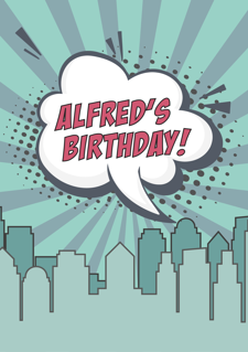 Happy birthday city skyline comic speech bubble custom text Sponge Cake Topper