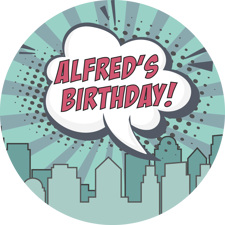 Happy birthday city skyline comic speech bubble custom text Sponge Cake Topper
