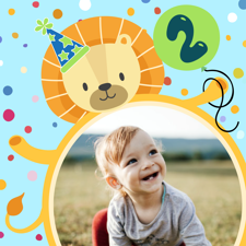Happy birthday orange and blue party lion for boys photo upload Sponge Cake Topper