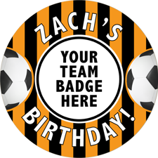 Happy birthday black and orange striped football for boys image upload Wafer Cupcake Topper