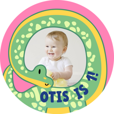 Birthday pink and green cute dinosaur for boys photo upload Sponge Cake Topper