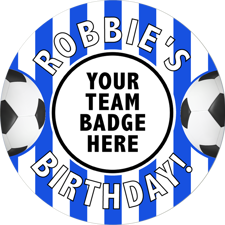 Happy birthday blue and white striped football for boys image upload Wafer Cupcake Topper