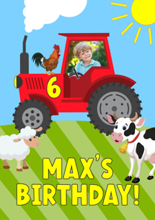 Birthday farm tractor with animals for boys photo upload Sponge Cake Topper