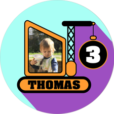 Birthday purple, blue & orange graphic construction wrecking ball for boys photo upload Wafer Cupcake Topper