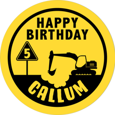 Birthday black & yellow excavator construction road sign for boys custom text Wafer Cupcake Topper