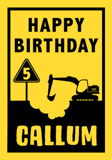 Birthday black & yellow excavator construction road sign for boys custom text Sponge Cake Topper