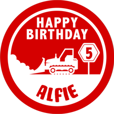 Birthday red & white bulldozer construction road sign for boys custom text Wafer Cupcake Topper