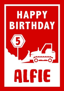 Birthday red & white bulldozer construction road sign for boys custom text Sponge Cake Topper