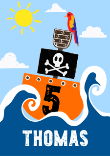 Birthday pirate ship on the sea with skull & crossbones for boys custom text Sponge Cake Topper