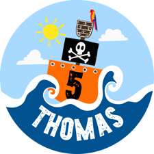 Birthday pirate ship on the sea with skull & crossbones for boys custom text Sponge Cake Topper