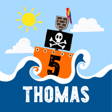Birthday pirate ship on the sea with skull & crossbones for boys custom text Sponge Cake Topper