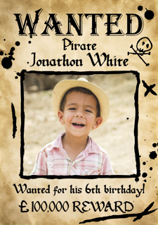 Birthday wanted pirate captain poster for boys photo upload Sponge Cake Topper