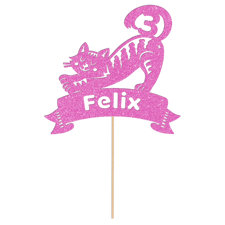 Cute stretching cat with custom name & age birthday banner Glitter Topper
