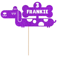 Custom age & name spotty birthday sausage dog with bone Glitter Topper