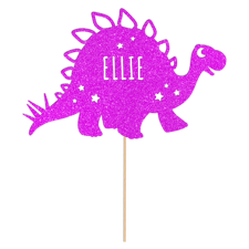 Sweet friendly birthday brachiosaurus dinosaur with stars and custom name Glitter Topper