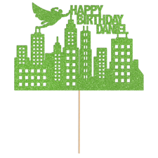 Flying superhero city happy birthday city custom name Glitter Topper